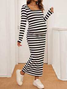 SHEIN Maternity Fashion Square Neck Long Sleeve Slim Fit Striped Design Dress