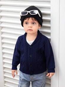 SHEIN Navy Blue V-Neck Cardigans For Baby Boy/Girl,All-Match Loose Fit Cardigans With Button Closure,Suitable For Casual Wear And Outdoor - Navy Blue - View 2