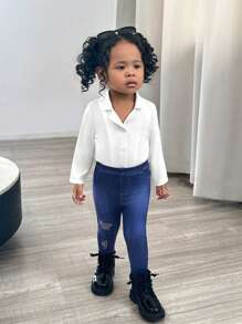 SHEIN Baby Girl Versatile White Lapel Long Sleeve Top, Autumn/Winter - White - View 7