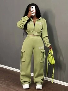 Letter Graphic Drop Shoulder Crop Sweatshirt & Flap Pocket Cargo Pants - Green - View 7