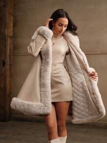 Anewsta Chaqueta con capucha gruesa y esponjosa con recorte esponjoso para mujer - Beis - Ver 9