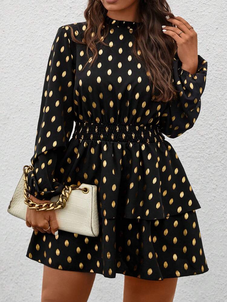 Plus Gold Dot Print Lantern Sleeve Two Layer Hem Dress Fall Cloth For Women