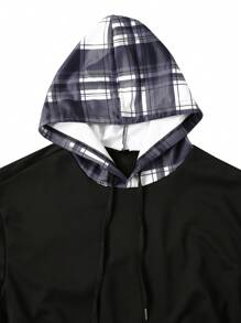 Manfinity Homme 大码男士休闲格子拼接抽绳连帽卫衣，秋季外出图案长袖连帽衫，送给朋友、丈夫、男朋友的礼物，格子拼接连帽衫，男士连帽衫，男士连帽衫 - 彩色 - 查看 5