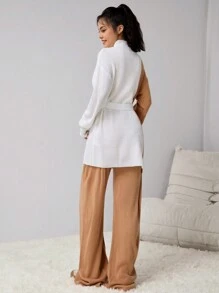 Teen Girl Sweater Suit, Autumn/Winter Fashion New. Khaki & White Contrast Stylish, Long Top And Pants Comfortable To Protect The Body, Soft Fabric For Easy Movement, Belt Shows Curves. Suitable For Various Occasions, Party, Home, Outing, Etc. - Khaki - View 2