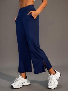 SHEIN Sports Women Solid Color Pocket Side Slit Hem Casual Fitness Sports Pants - Navy Blue - View 5