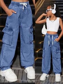 SHEIN Tween Girl Cool Distressed Denim Pencil Case & Pants Set Summer Holiday - Medium Wash - View 3