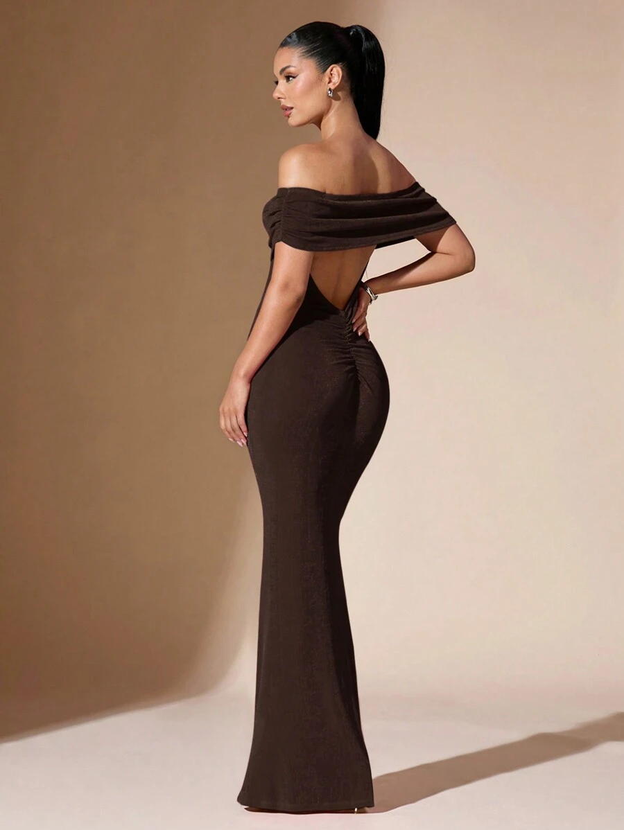 SHEIN BAE 女士纯色露肩性感透明优雅鱼尾露背修身舞会礼服，巧克力色 - 咖啡棕 - 查看 1