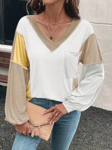 SHEIN LUNE Camiseta holgada de manga larga con escote en V y hombros caídos, estilo casual para mujer, primavera otoño