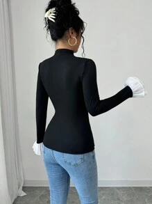 Rafferiza Women's Spring & Autumn Mock Neck Color-Block Bell Sleeve Fitted T-Shirt Fall Cloth For Women - Black - View 2