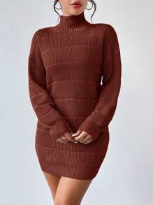 Chiquease Women's Solid Stand Collar Long Sleeve Short Style Casual Knit Sweater Dress, Autumn/Winter