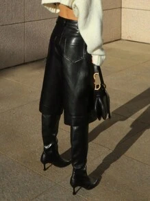 DAZY Women's Solid Color Versatile PU Bermuda Shorts, Neutral Style For Spring, Summer, Autumn Seasons Leather Shorts - Black - View 2