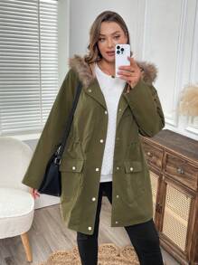 EMERY ROSE Plus Size Women's Autumn/Winter Furry Patchwork Long Sleeve Drawstring Waist Pocket Single-Breasted Hooded Casual Outwear - Army Green - View 3