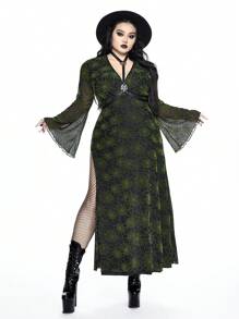 ROMWE Goth 大码女式性感哥特式蜘蛛网绒面喇叭袖 V 领高开衩连衣裙，万圣节服装 - 黑色 - 查看 6