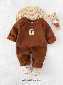 Cozy Pixies 2 pezzi Set neonato con felpa con cappuccio manica lunga con stampa orsetto cartoni animati e pantaloni con vita elastica e caviglie