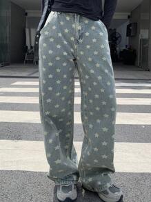 DAZY Loose Casual Women's Star Print Wide Leg Loose Pocket Jeans Y2k