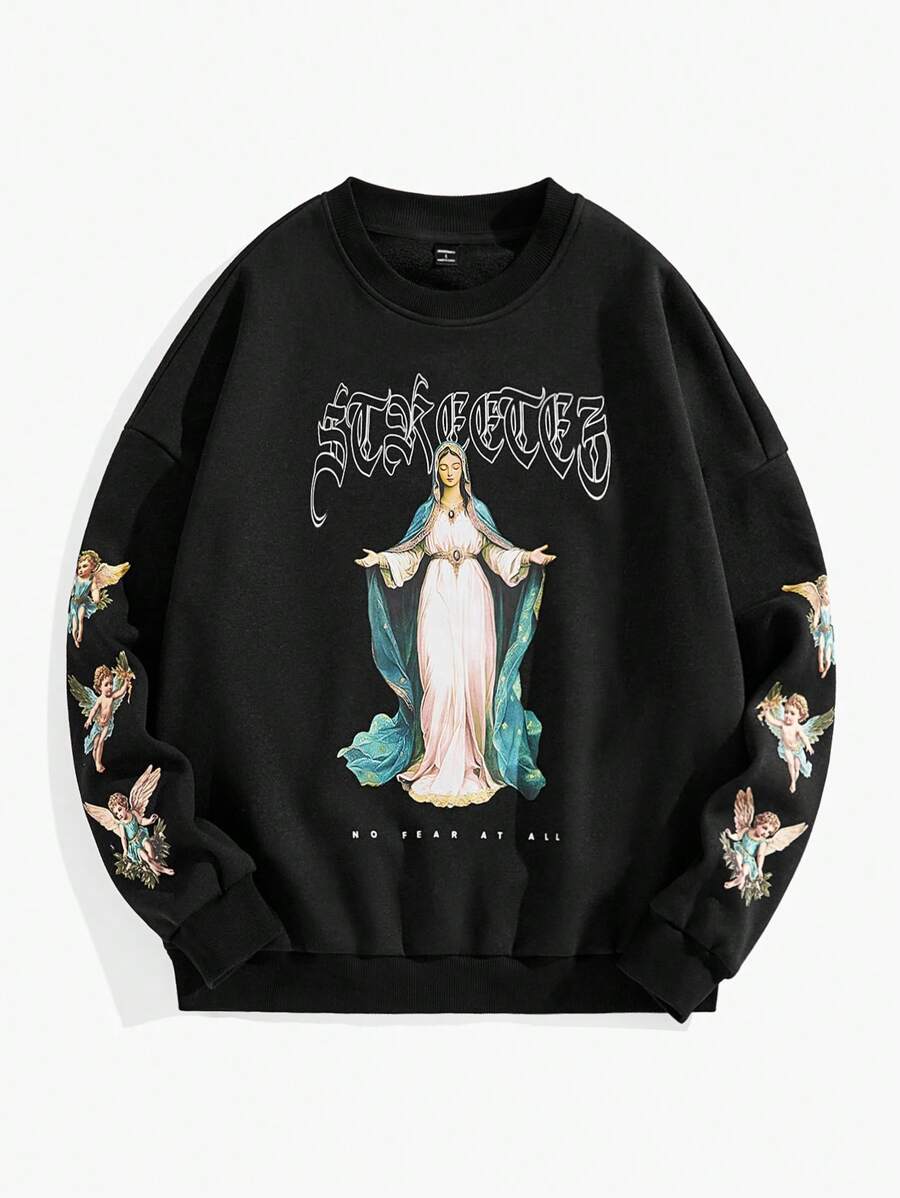 Manfinity VCAY Men's Loose Drop Shoulder Virgin Mary And Angel Print Sweatshirt, Autumn - Black - View 1