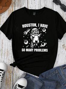INAWLY Plus Size Vrouwen Astronaut Raccoon Ruimte Print Ronde Hals Korte Mouw Casual T-shirt Grafische T-shirts Vrouwen Tops, Voor De Zomer