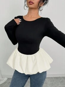 Chiquease Áo thun nữ cổ tròn dài tay màu tương phản viền bèo nhún cho mùa xuân và mùa thu - Đen và trắng - Xem 3