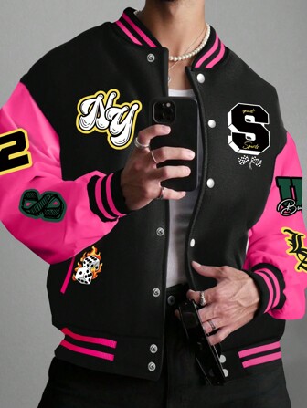 Manfinity Hypemode Veste oversize à manches longues avec imprimé lettres, style universitaire rave, pour l'automne