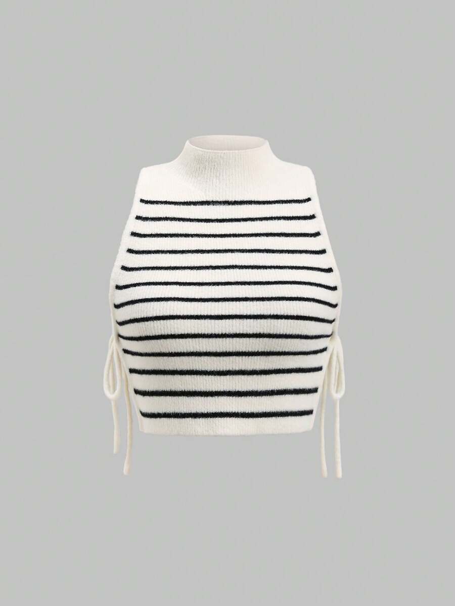 SHEIN Unity 女士立领条纹侧系带无袖休闲针织上衣 - 黑與白 - 查看 1