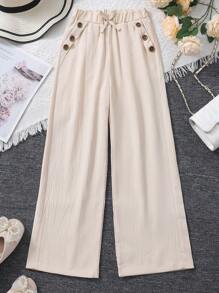 Tween Girls Casual Bow Tie Elastic Waist Button Decor Wide Leg Pants - Apricot - View 1