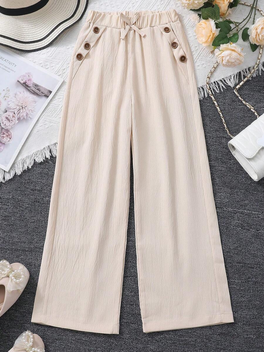 Tween Girls Casual Bow Tie Elastic Waist Button Decor Wide Leg Pants - Apricot - View 1