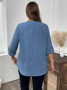 EMERY ROSE Camicetta casual con scollo a V e maniche arrotolate, tinta unita, adatta a donne curvy, per la primavera, l'autunno e l'estate - Blu - Visualizzare 6
