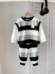 SHEIN Leap Crew 2 件套婴儿男童/女童休闲运动 2 合 1 条纹长袖运动衫和裤子套装，适合秋冬户外活动 - 彩色 - 查看 9