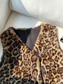 Comfortcana Plus Size Vintage Leopard Print Fluffy Coat - Brown - View 3