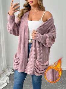 Flirla 大码纯色针织羊毛褶饰灯笼袖口袋开衫夹克