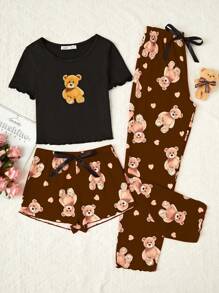 3 件套 Tween Girls 棕色可爱熊印花长裤、短裤和短袖上衣休闲睡衣套装 - 鏽棕色 - 查看 1