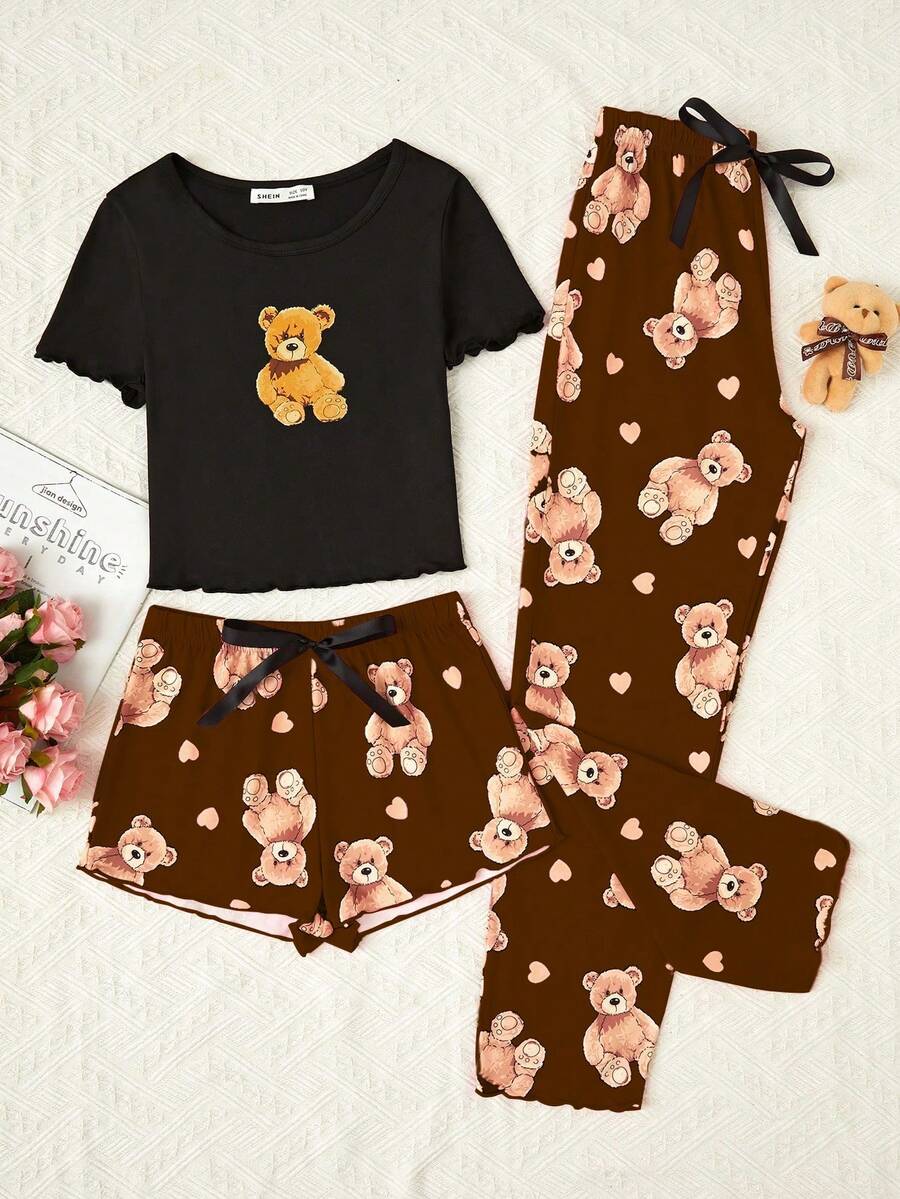 3 件套 Tween Girls 棕色可爱熊印花长裤、短裤和短袖上衣休闲睡衣套装 - 鏽棕色 - 查看 1