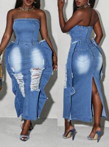 Slaydiva 女式夏季破洞磨边修身抹胸时尚牛仔连衣裙 - 淺色水洗藍 - 查看 1