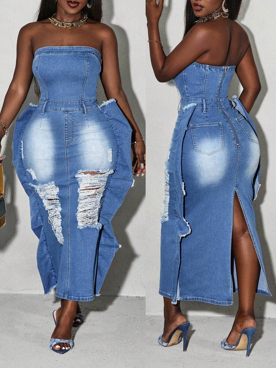 Slaydiva 女式夏季破洞磨边修身抹胸时尚牛仔连衣裙 - 淺色水洗藍 - 查看 1