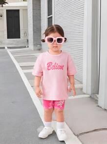 SHEIN Leap Crew Baby Girl Casual Loose Fit Letter Print Short Sleeve T-Shirt & Tie-Dye Shorts Set - Pink - View 1
