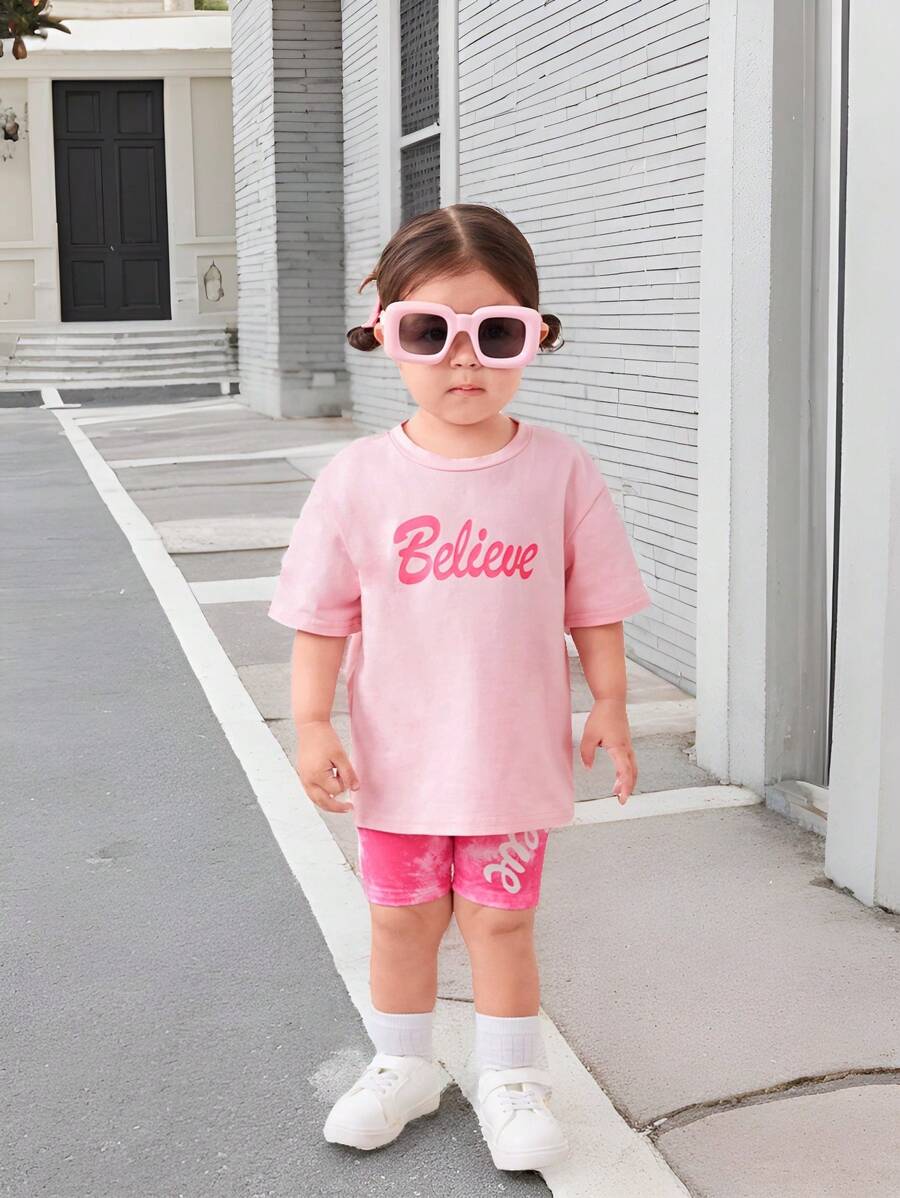 SHEIN Leap Crew Baby Girl Casual Loose Fit Letter Print Short Sleeve T-Shirt & Tie-Dye Shorts Set - Pink - View 1