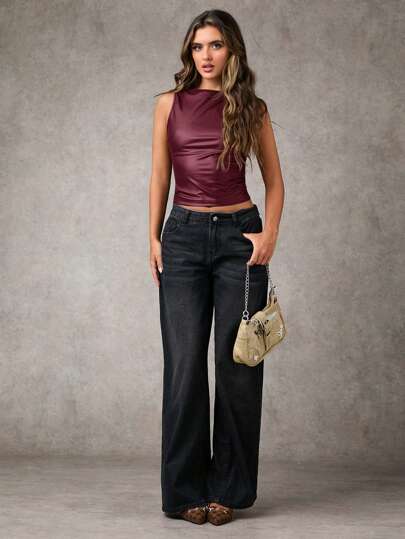 SHEIN BAE Women Solid Ruched Crew Neck Casual Camisole