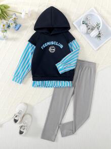 2 件套年轻女孩休闲可爱字母印花保暖内衬运动衫上衣和中长裤打底裤套装，秋冬 - 藍色 - 查看 1