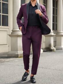 Manfinity Mode Bộ áo khoác dài tay có cổ màu tương phản và quần ống đứng cho nam - Màu tím - Xem 4
