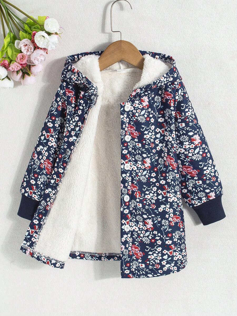 SHEIN Young Girl Floral Print Fleece Hooded Long Sleeve Winter Coat - Navy Blue - View 1