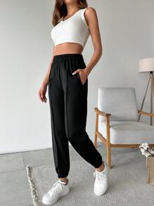 EURMUSE Women's Solid Elastic Waist Seam Detailed Pants - Black - View 4