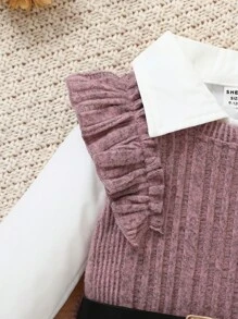 SHEIN 3pcs/Set Baby Girls' Casual Vintage Elegant Collar Top, Dress With Belt, Outfits