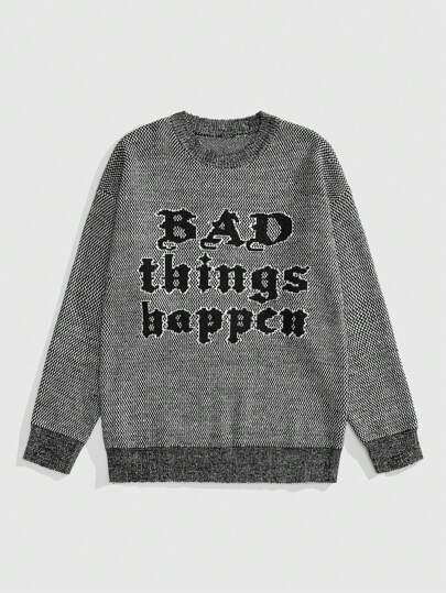 Grunge Punk جرد كاجوال بياقة مستديرة بأكمام طويلة وفضفاض محبوك بشعار للخريف والشتاء للرجال