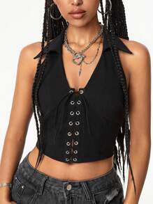 Muchica Áo dây buộc dây kiểu phương Tây Y2K dành cho nữ - màu đen - Xem 1