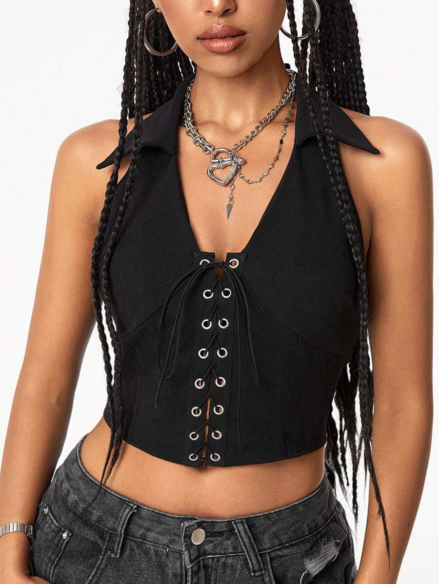 Muchica Áo dây buộc dây kiểu phương Tây Y2K dành cho nữ - màu đen - Xem 1