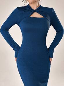 Modelyn Women's Solid Color V-Neck Twist Hollow Long Sleeve Slim Elegant Midi Dress, Spring Autumn Long Evening Dresses - Teal Blue - View 4
