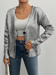 EURMUSE Áo len cardigan cổ chữ V rộng rãi màu trơn một hàng khuy đơn cho nữ - Xám - Xem 5