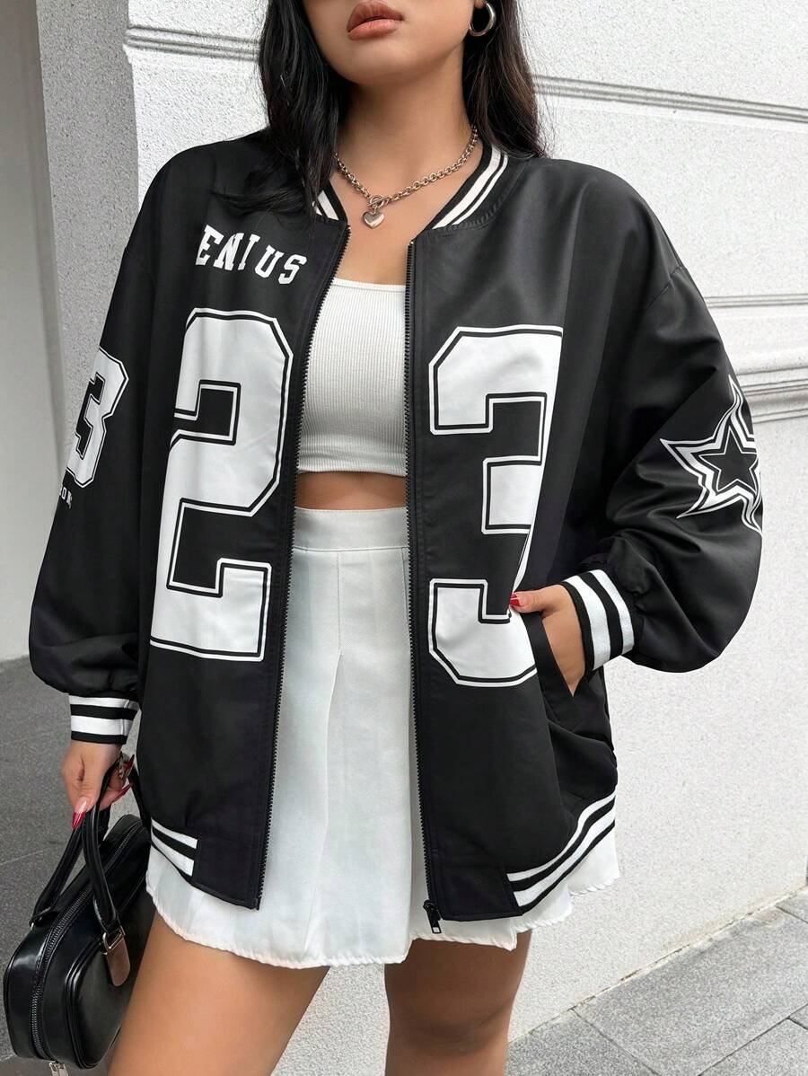 SHEIN EZwear 23 Number Print Loose Fit Plus Size Jacket Winter Fall Autumn
