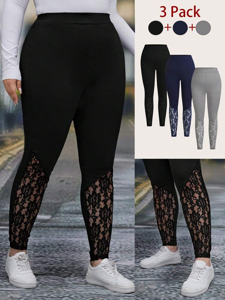 Plus Size Women Solid Color Lace Patchwork Basic Leggings,3-Pack,Fall Clothes