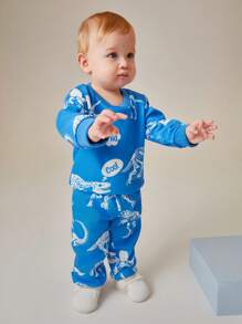 SHEIN Baby Boy Dinosaur Skeleton Printed Set, Bright Graphics Outfit, Fun & Vibrant Design To Engage Baby - Blue - View 3